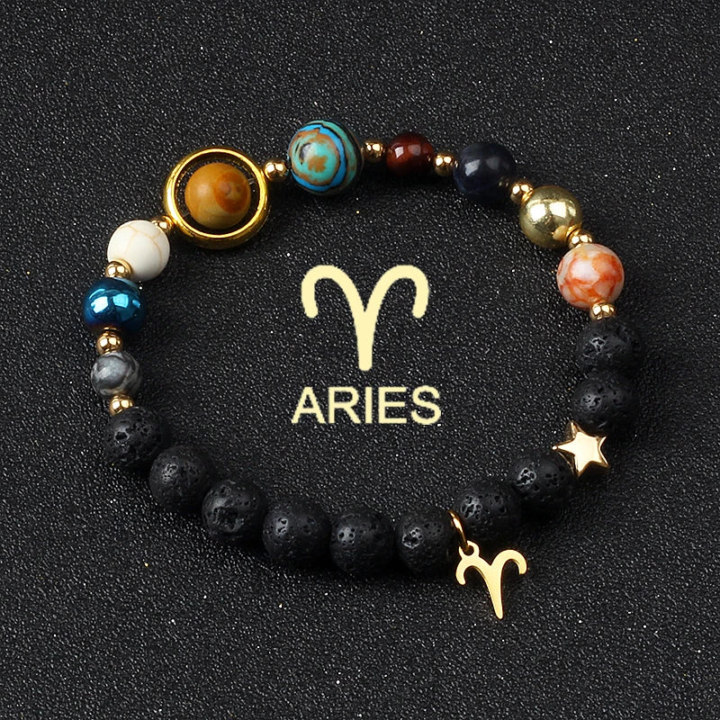 Universe Galaxy Eight Planets 12 Constellation Bracelets for Women Natural Stone Solar System Bracelets Libra Virgo Leo Jewelry