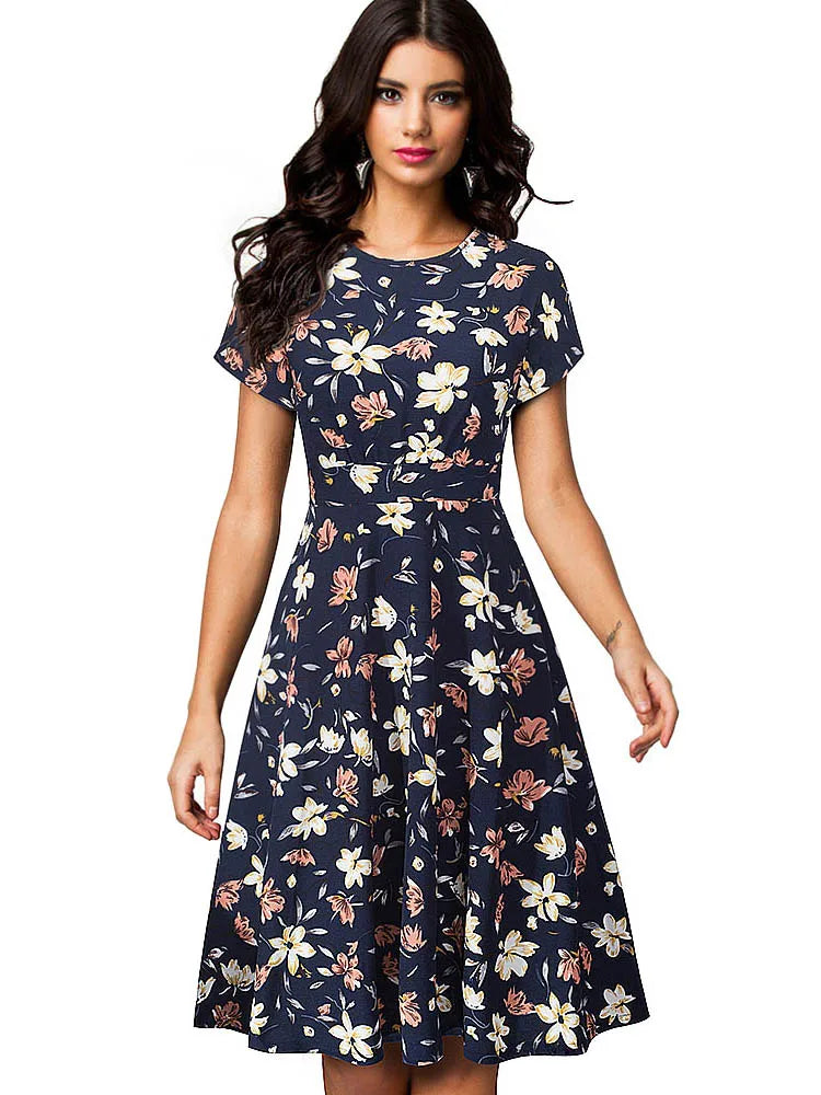 Nice-forever Vintage Elegant Floral Print Pleated Round neck vestidos A-Line Pinup Business Party Women Flare Swing Dress A102