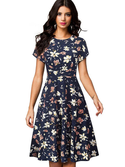 Nice-forever Vintage Elegant Floral Print Pleated Round neck vestidos A-Line Pinup Business Party Women Flare Swing Dress A102