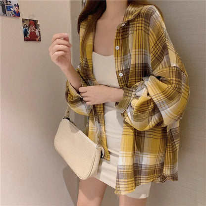 Plaid Shirt Women Spring Long Sleeve Top Female Vintage OL Fashion Single Breasted Blouse Ladies Preppy Style Loose Check Shirts