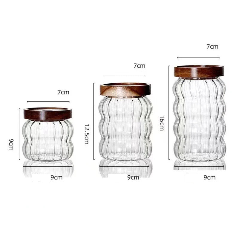 Wood Lid Striped Glass Storage Bottles Sealed Jar Tea Coffee Beans Grains Candy Jars Organizer Kitchen Food Glass Containers - AMULET RING STORE