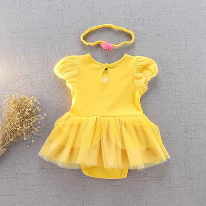 Baby Girl Birthday Outfit Set Short-sleeved Bodysuit Princess Romper Dress With Headband Yellow 3D Floral Girl Clothes 3-18M