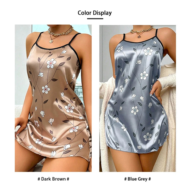 Women's Sleepdress Satin Floral Print Nightdress Comfortable Spaghetti Strap Sleepwear Dress Luxurious Satin Slip Nightdress - AMULET RING STORE