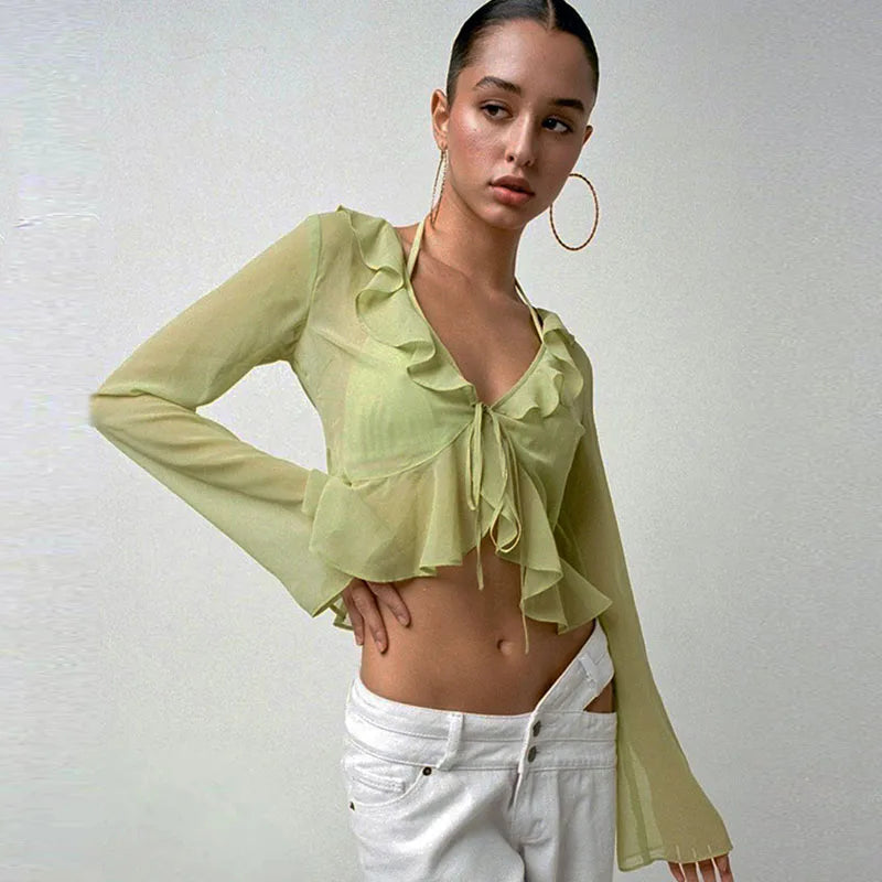 Vintage 90s Streetwear Ruffles Trim Green Chiffon T-shirts Y2K Fashion Sexy Deep V Lace Up Long Sleeve Tops Transparent - AMULET RING STORE