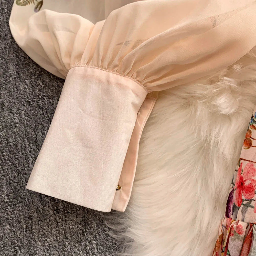 Faionable Print Long Dr Women's Spring Belted Waist Pleated Lantern Sve Turn-down Collar Dr Korean Sle Commute