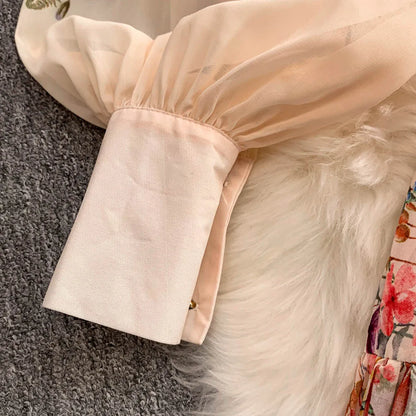 Faionable Print Long Dr Women's Spring Belted Waist Pleated Lantern Sve Turn-down Collar Dr Korean Sle Commute