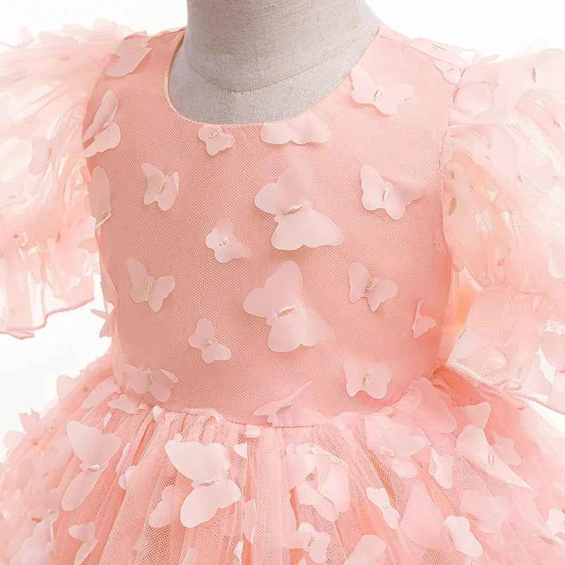 Baby girl dress three-dimensional butterfly Bubble sleeve mesh fluffy princess dress performance birthday party dress girl dress
