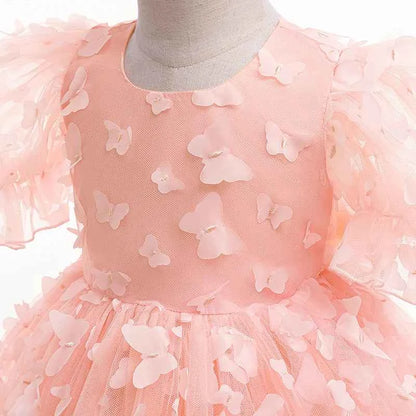 Baby girl dress three-dimensional butterfly Bubble sleeve mesh fluffy princess dress performance birthday party dress girl dress