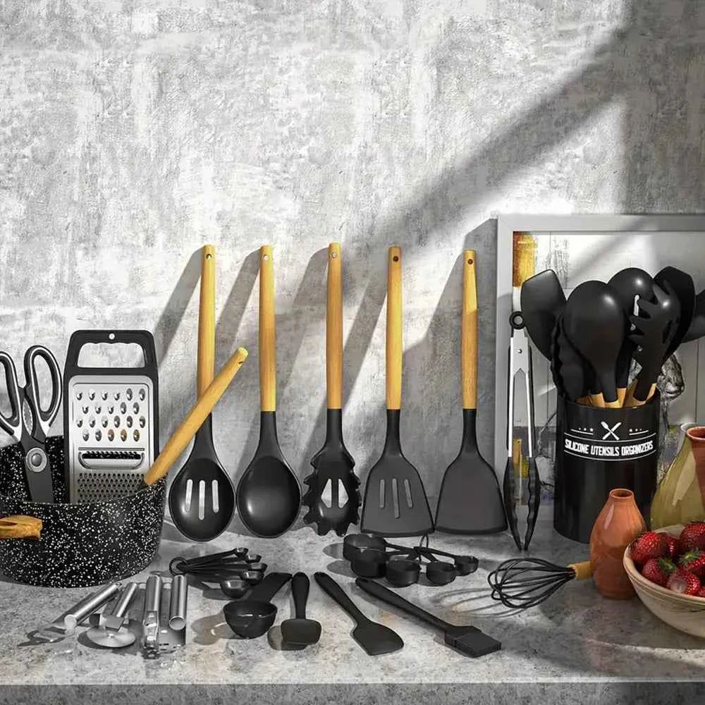 44PCS Silicone Kitchenware Non-Stick Cookware Kitchen Utensils Set Spatula Shovel Egg Beaters Wooden Handle Cooking Tool Set