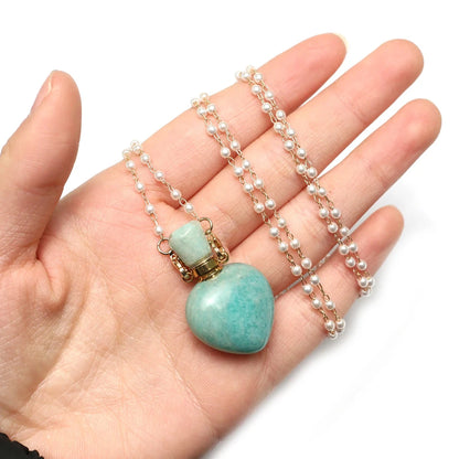 Natural Stone Amazonite Perfume Bottle Pendant Pearl Gravel Chain Essential Oil Diffuser Charms Women Jewerly Necklace 31 Inches - AMULET RING STORE