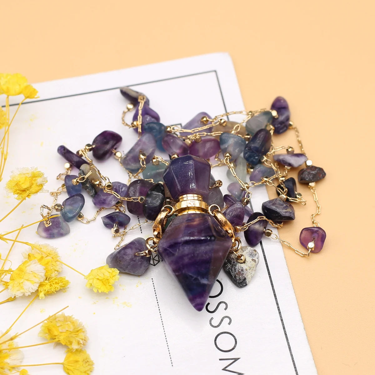 Natural Amethysts Perfume Bottle Necklace Essential Oil Diffuser Amethysts Gravel Stone Chain for Jewerly Party Gift 17x38x13mm - AMULET RING STORE
