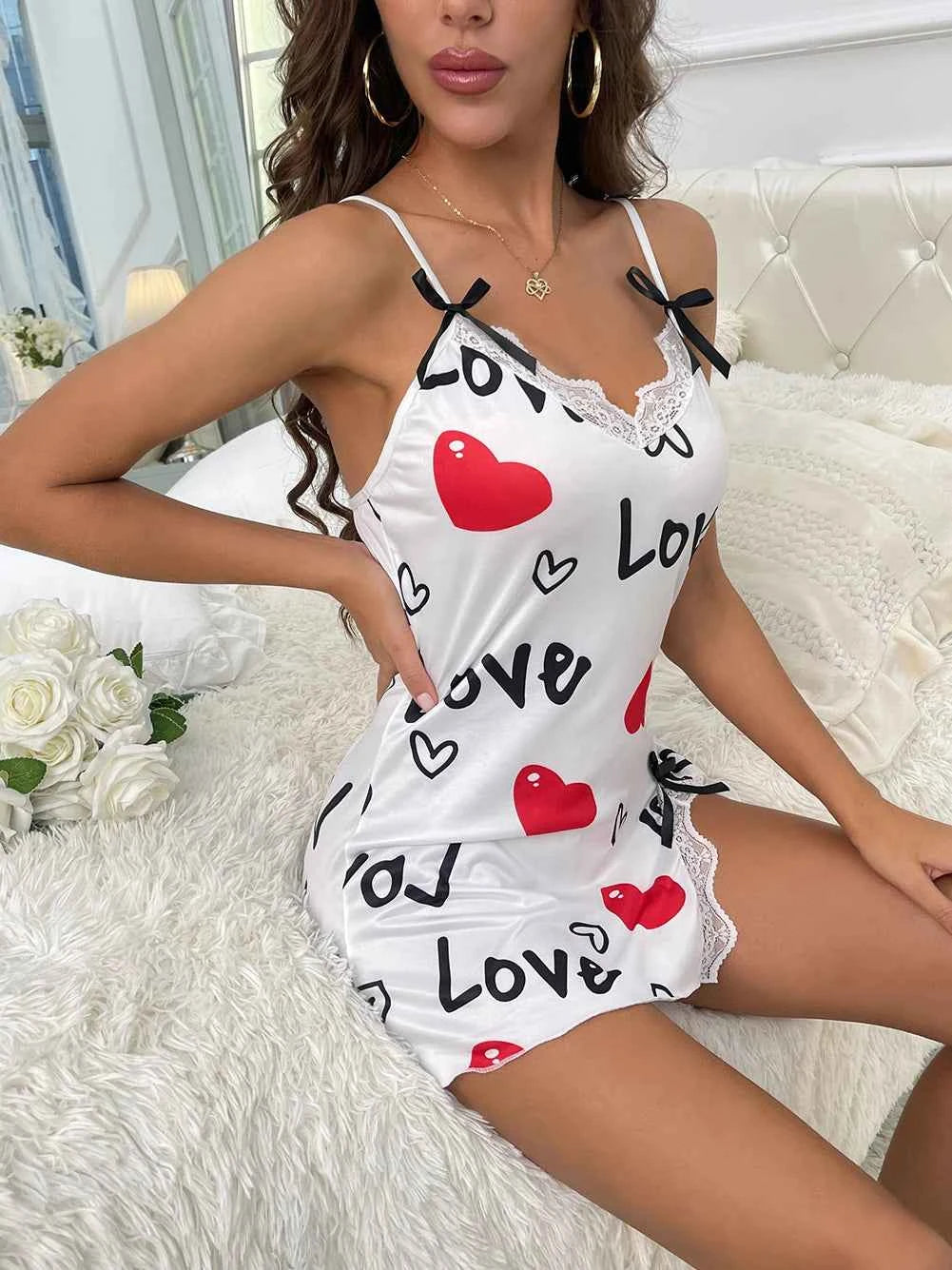 Heart Letter Floral Slip Nightdress Lace Trim Deep V Side Split Sleep Dress Soft Breathable Fabric For Women Night Gown