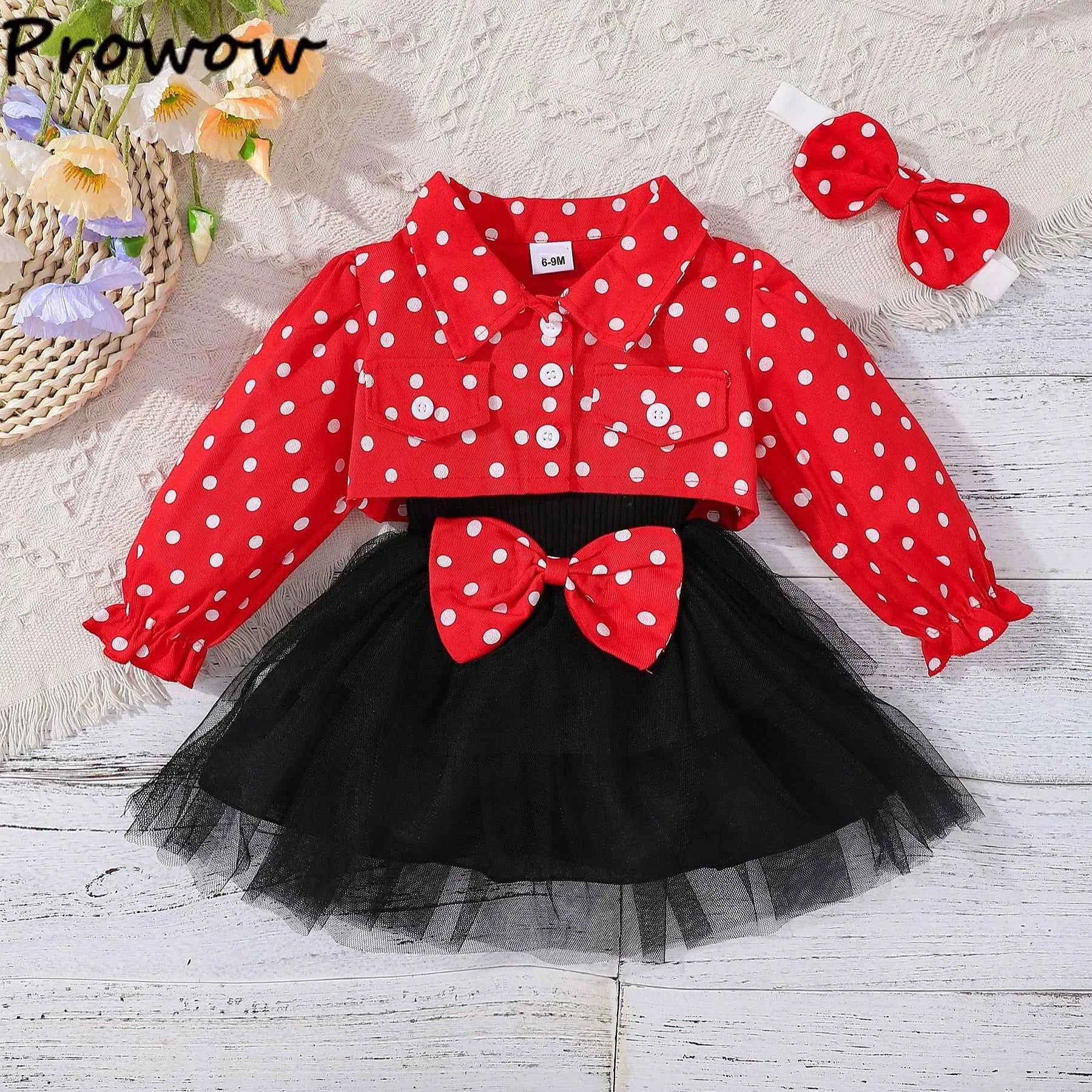 Prowow Infants Baby Birthday Dresses Red Polka Dots Coat Jacket+Bow Black Princess Dress Newborns Girl Cake Smash Outfits