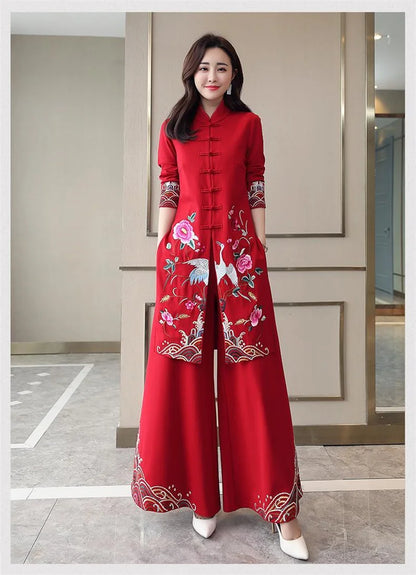 Long Ethnic Style Cheongsam Set Spring and Autumn Drop Feel Wide Leg Pants Mom Retro Slim Straight Tube Embroidery Two Piece Set