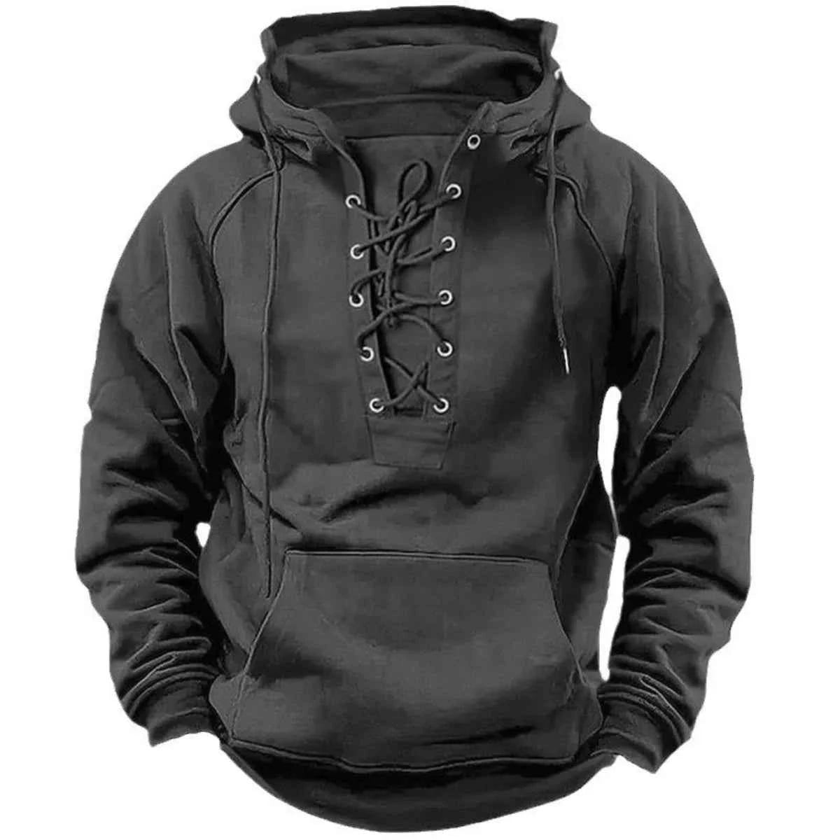 2025 Men's Autumn Winter Outdoor Casual Jacket: Retro Lace-Up, Loose Fit, Pure Color Long Sleeve Hooded Sweatshirt