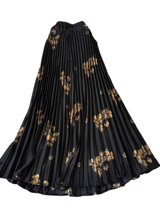 Chiffon A-Line Midi Skirt Women's Autumn 2025 New Sle Cover Hip Draped Large Swing Umbrella Skirt Pleated Floral Skirt