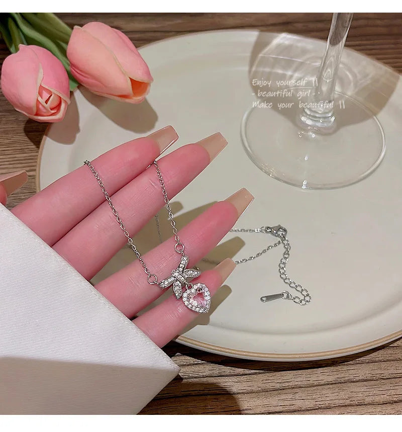 Korean Fashion Pink Crystal Heart Bow Tie Pendant Necklace Silver Color Chain Neck Necklace for Women Wedding Aesthetic Jewelry