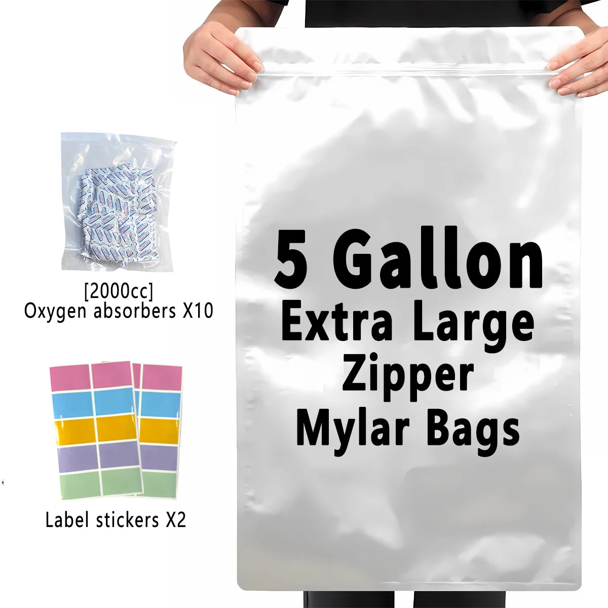 10pcs 5 Gallon Mylar Bags for Food Storage 12 Mil Thick Mylar Bags 5 Gallon with Oxygen Absorbers 2000cc Ziplock Resealable Bags - AMULET RING STORE