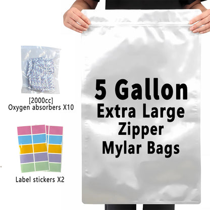 10pcs 5 Gallon Mylar Bags for Food Storage 12 Mil Thick Mylar Bags 5 Gallon with Oxygen Absorbers 2000cc Ziplock Resealable Bags - AMULET RING STORE