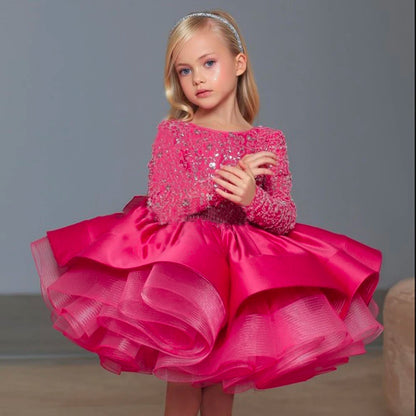 Baby Girl Birthday Fluffy Dress Infant Sequin Baptism Gown Flower Wedding Costume Kids Long Sleeved Clothes Toddler Vestidos