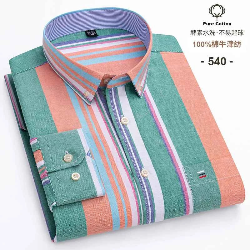 100% Cotton Oxford Men's Shirts Long Sleeves Plaid Soft Regular Fit Formal Dress Shirt Pocket Social Blouse Male Clothes S-7XL
