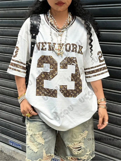 Oversized T-shirt Clothes For Women V-Neck Summer Short Sleeve Patchwork New York 23 Print Sports Tees Football Jersey Y2k Tops - AMULET RING STORE