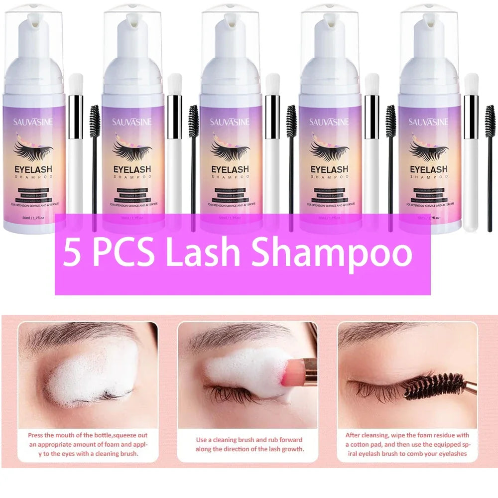 5/10PCS 50ML Eyelash Extension Shampoo Foam Mousse Kit Fast Makeup Glue Removal Foam Set Deeply Cleaning With Brush For Women - AMULET RING STORE