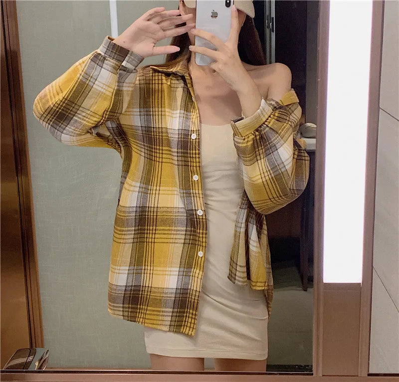 Plaid Shirt Women Spring Long Sleeve Top Female Vintage OL Fashion Single Breasted Blouse Ladies Preppy Style Loose Check Shirts