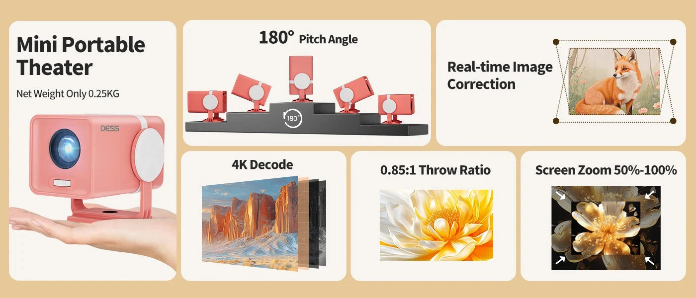 DESS Projector 4K Mini Portable Build-in Apps WIFI6 Mirror SmartPhone For 4K Video Home Cinema Projector Outdoor Rotatable 180°