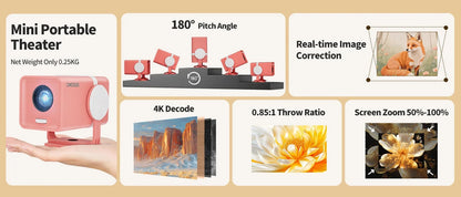 DESS Projector 4K Mini Portable Build-in Apps WIFI6 Mirror SmartPhone For 4K Video Home Cinema Projector Outdoor Rotatable 180°