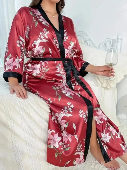 Large size sleepwear women's long imitation silk sexy nightgown set, fashionable and casual loose printed sleepwear 2-piece set - AMULET RING STORE