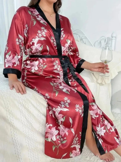 Large size sleepwear women's long imitation silk sexy nightgown set, fashionable and casual loose printed sleepwear 2-piece set - AMULET RING STORE