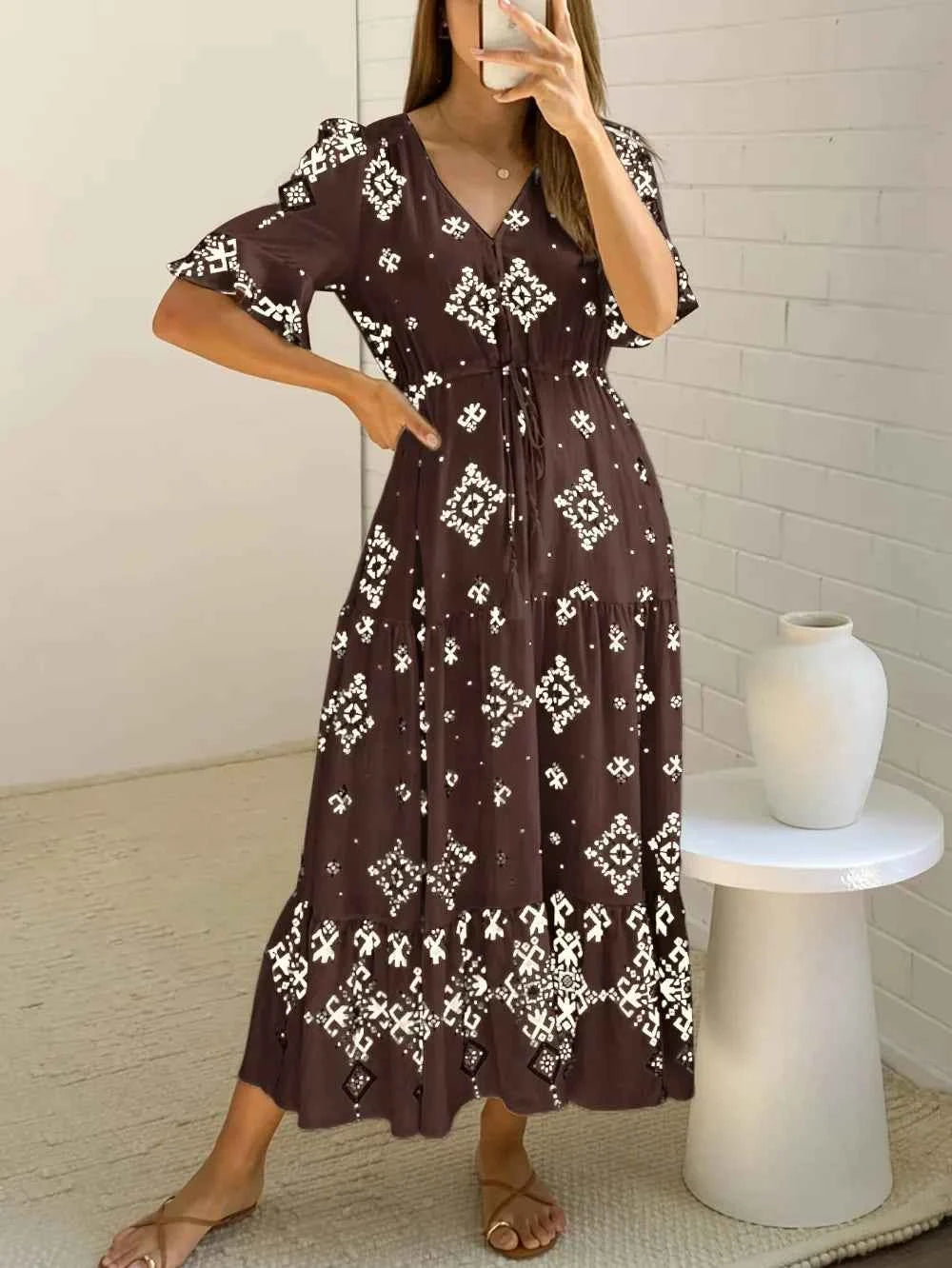 Plus Size Womens Summer Loose Boho Flowy Wrap V Neck 3/4 Sleeve Floral Print Slit Beach Wedding Guest Long Maxi Dresses Vistidos
