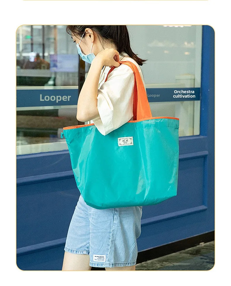Large-sized drawstring eco-friendly supermarket shopping bag fashionable single-shoulder bag foldableportable handbag,waterproof - AMULET RING STORE
