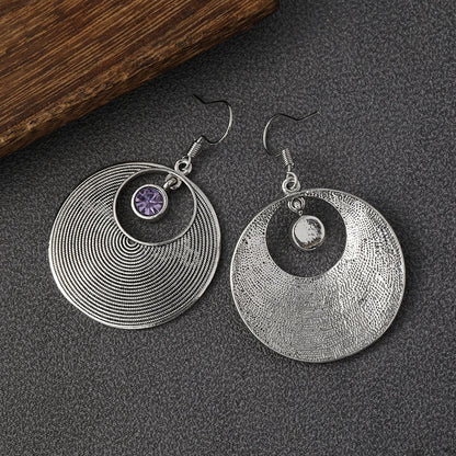 Vintage Style Big Round Shape Drop Earrings Inlaid Shiny Synthetic Gems Boho Style Hook Earrings