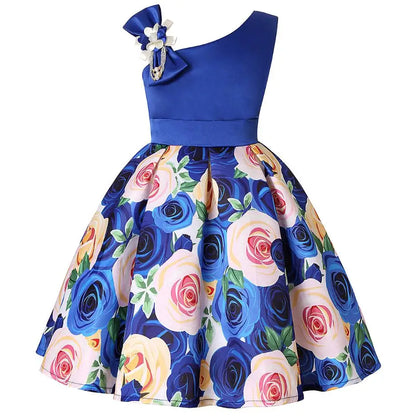 Summer Girls Rose Print Dress Princess Wedding Birthday Party Frocks Satin Children Vestidos Dresses For Girl Christmas Clothing
