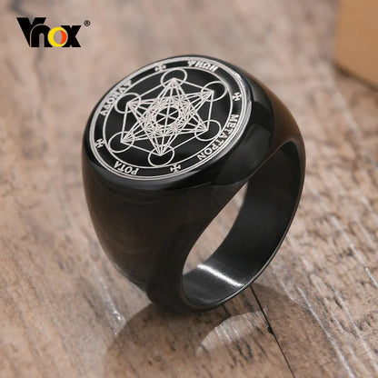 Vnox Seven Seals of Angels Rings for Men, Round Top Stamp Finger Band, Metatron Cube Stamp Ring, Chunky Punk Jewelry