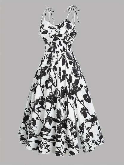 2024 European and American fashion plus size women's new flower print A-line skirt bow tie slit dress