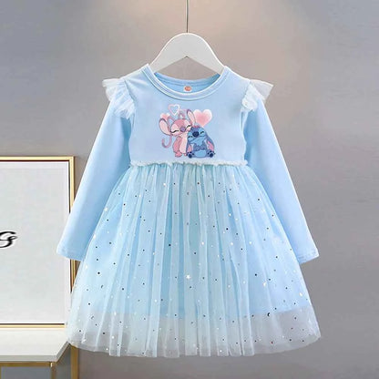 Girls Dress 2025 New Kids Clothes Autumn Long sleeves Disney Children Stitch Princess Dresses Baby Girl Cute Birthday Party 2-8Y