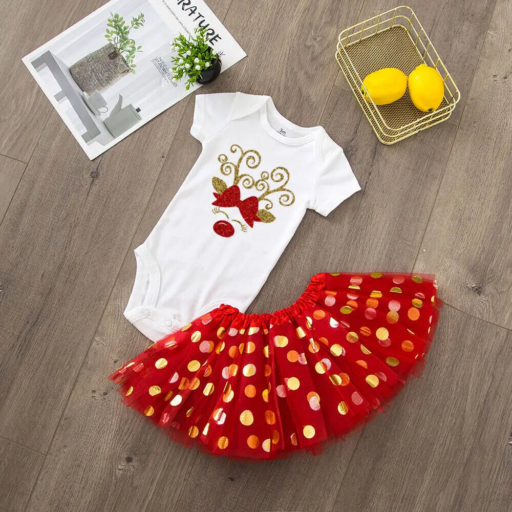 My 1st Christmas Baby bodysuit + Dress set Christmas Party Baby girl Dresses Infant short Sleeve cake Dress Set Toddler Clothing