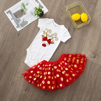 My 1st Christmas Baby bodysuit + Dress set Christmas Party Baby girl Dresses Infant short Sleeve cake Dress Set Toddler Clothing