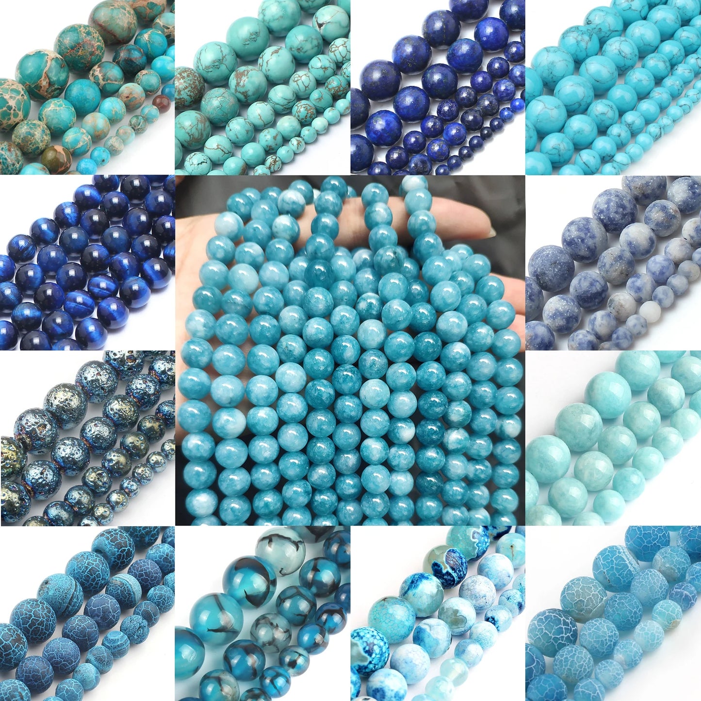 Real Natural Blue Stone Beads Turquoises Agates Amazonite Jades Tiger Eye Round Beads for DIY Couple's Bracelet Jewelry Making - AMULET RING STORE