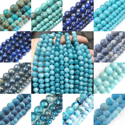 Real Natural Blue Stone Beads Turquoises Agates Amazonite Jades Tiger Eye Round Beads for DIY Couple's Bracelet Jewelry Making - AMULET RING STORE