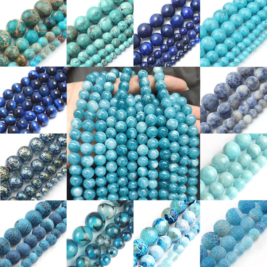 Real Natural Blue Stone Beads Turquoises Agates Amazonite Jades Tiger Eye Round Beads for DIY Couple's Bracelet Jewelry Making - AMULET RING STORE