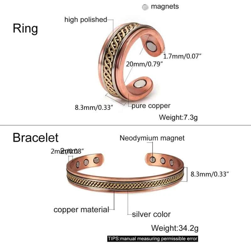 2x Copper Jewelry Set for Women Twisted Open Cuff Bangle Adjustable Copper Magnet Bracelet Ring Arthritis