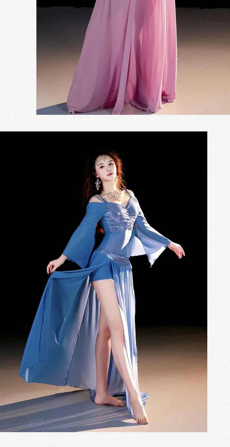 Belly Dancing Wear Outfit for Women Mesh Long Sleeves Top+gauze Long Skirt 2pcs Training Set Oriental Belly Dance Costume Set