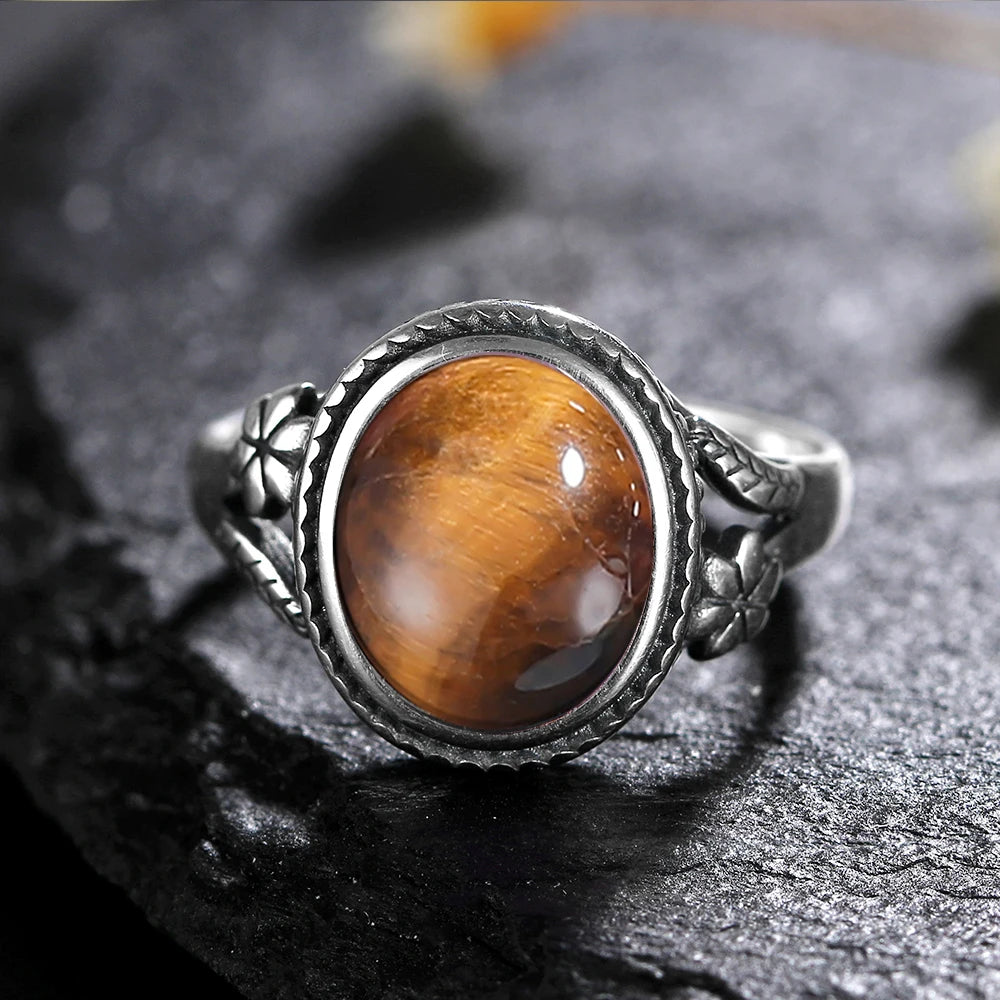 Natural 8*10MM Tiger's Eye Stone Finger Ring Fashion Jewelry Rings for Women Gift S925 Silver Flower Shaped Ring
