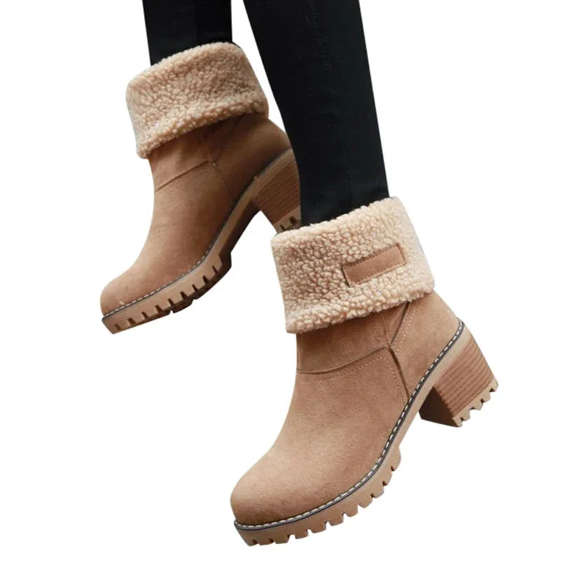 Autumn and Winter Fashion New Casual Comfortable Plus Velvet Warm Square Heel Round Toe Solid Color Women's Ankle Boots - AMULET RING STORE