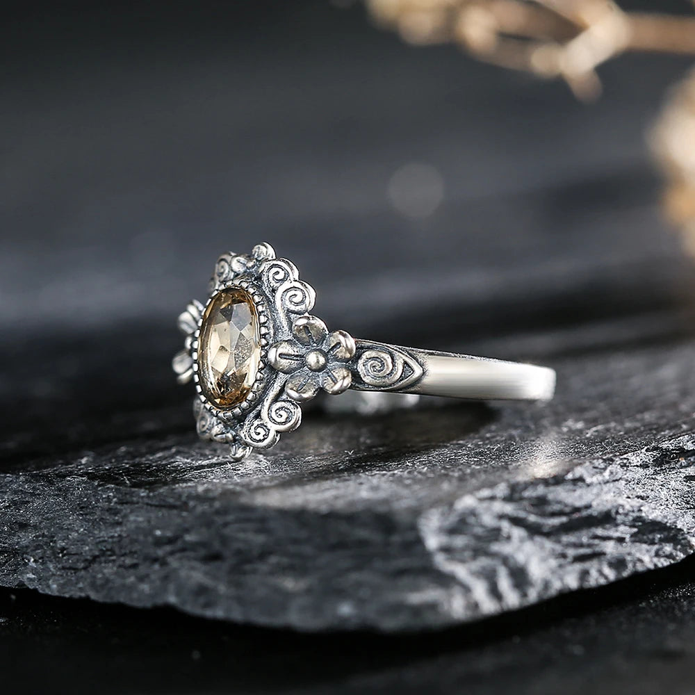S925 Sterling Silver Citrine Ring Adjustable Stackable Bands Yellow Crystal November Birthstone Handmade Floral Boho Jewelry - AMULET RING STORE