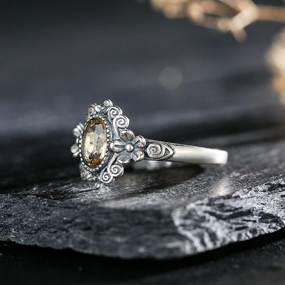 S925 Sterling Silver Citrine Ring Adjustable Stackable Bands Yellow Crystal November Birthstone Handmade Floral Boho Jewelry - AMULET RING STORE